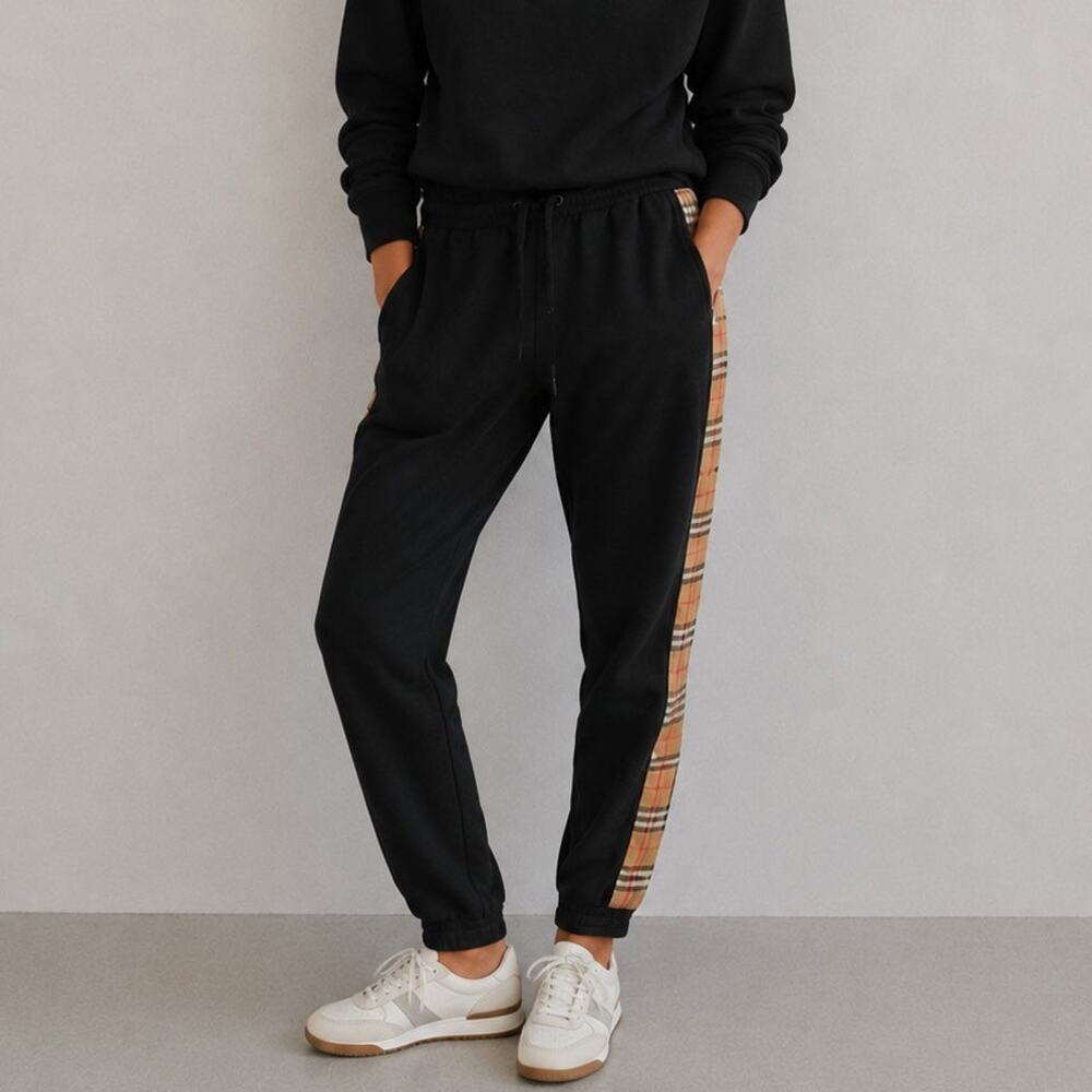 Authentic Burberry Vintage Check Paneled Jog Pants Womens M Cotton Tapered Leg
